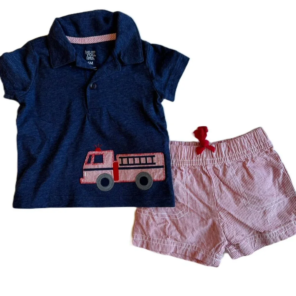 🚒 3/$15 | Boys Matching Shirts and Shorts 6M Firetruck 4 Piece Set